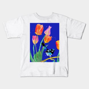 Abstract Blue Wren and Tulips Painting - on Navy Blue Kids T-Shirt